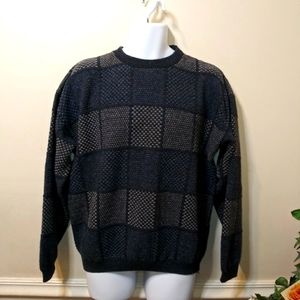 Vintage Bill Blass 3D Textured Patchwork Patterned Blue & Gray Grandpa Sweater